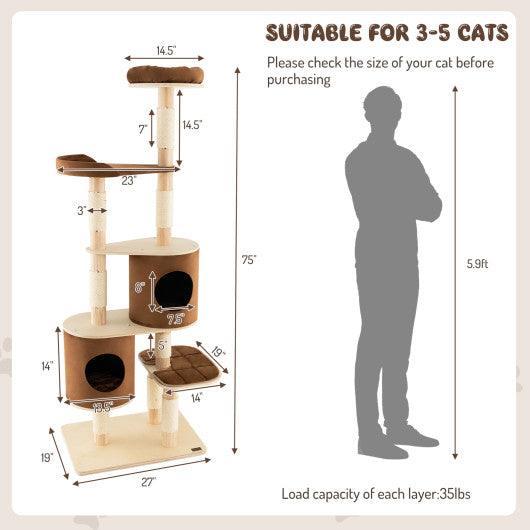 6-Tier Wooden Cat Tree with 2 Removeable Condos Platforms and Perch-Brown at Set Shop and Smile