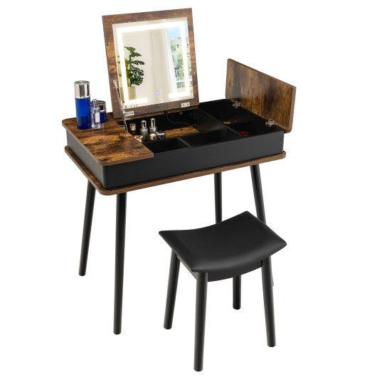 Vanity Table Set with Flip Top Mirror Lights USB Writing Desk and Stool-Brown at Set Shop and Smile