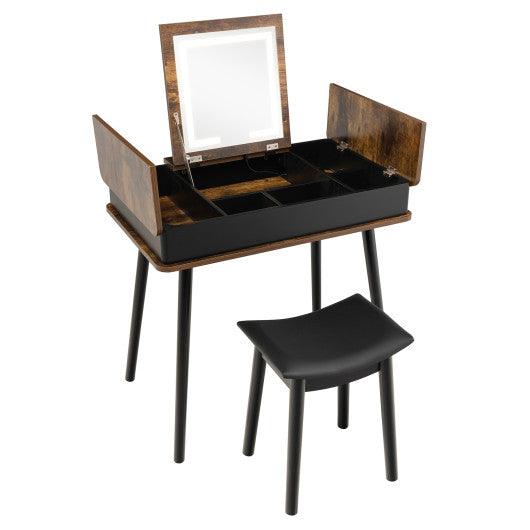 Vanity Table Set with Flip Top Mirror Lights USB Writing Desk and Stool-Brown at Set Shop and Smile