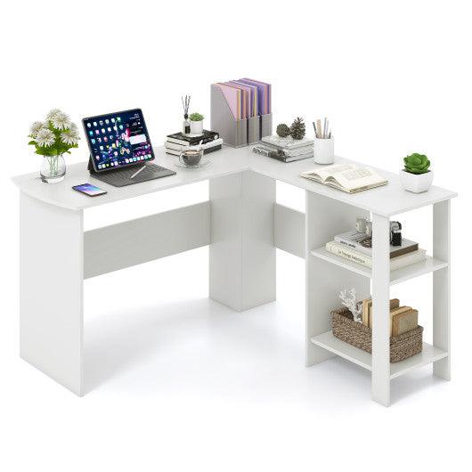 Large Modern L-shaped Computer Desk with 2 Cable Holes and 2 Storage Shelves-White at Set Shop and Smile