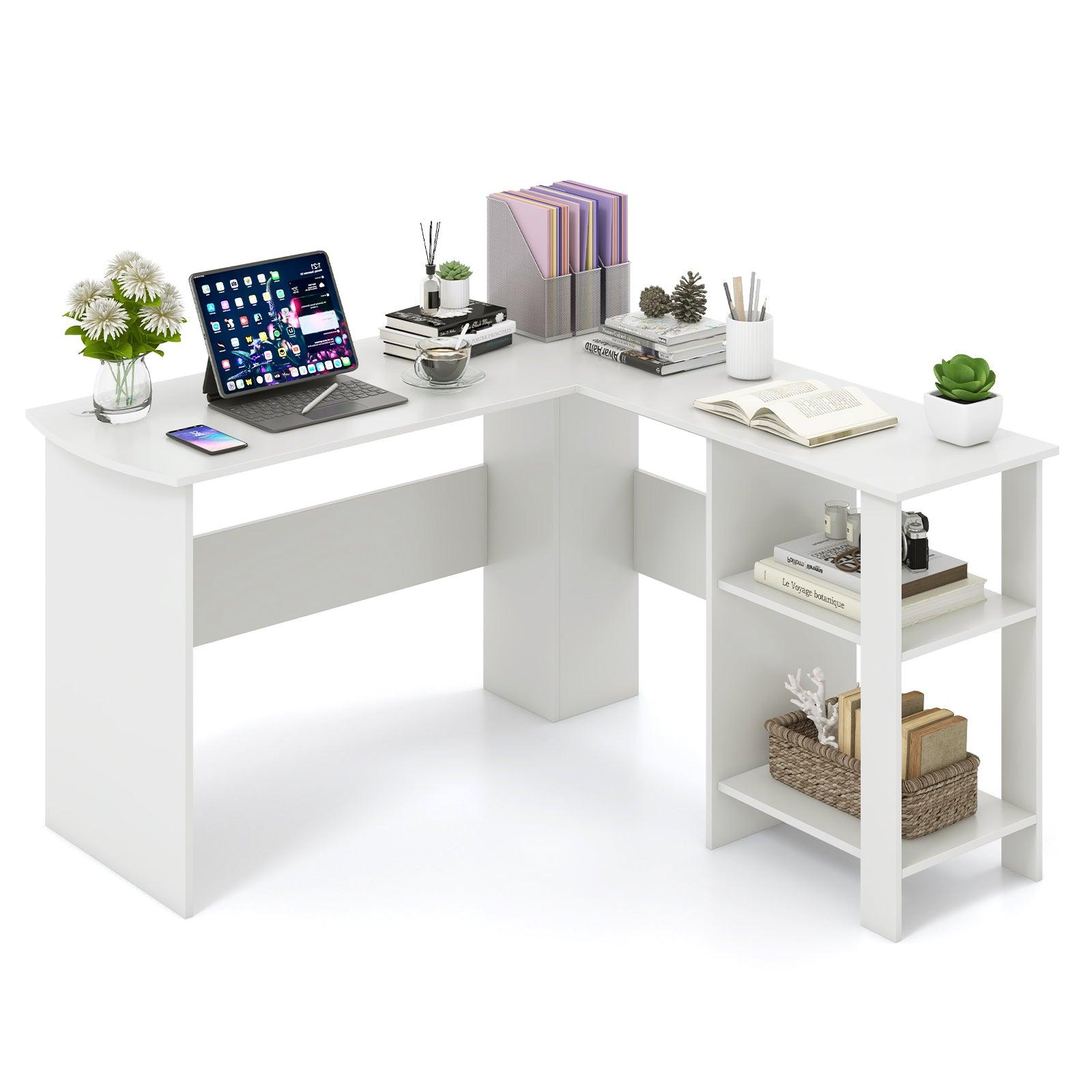 Large Modern L-shaped Computer Desk with 2 Cable Holes and 2 Storage Shelves-White at Set Shop and Smile