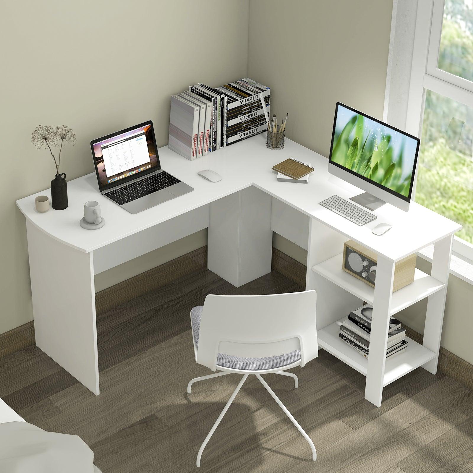 Large Modern L-shaped Computer Desk with 2 Cable Holes and 2 Storage Shelves-White at Set Shop and Smile