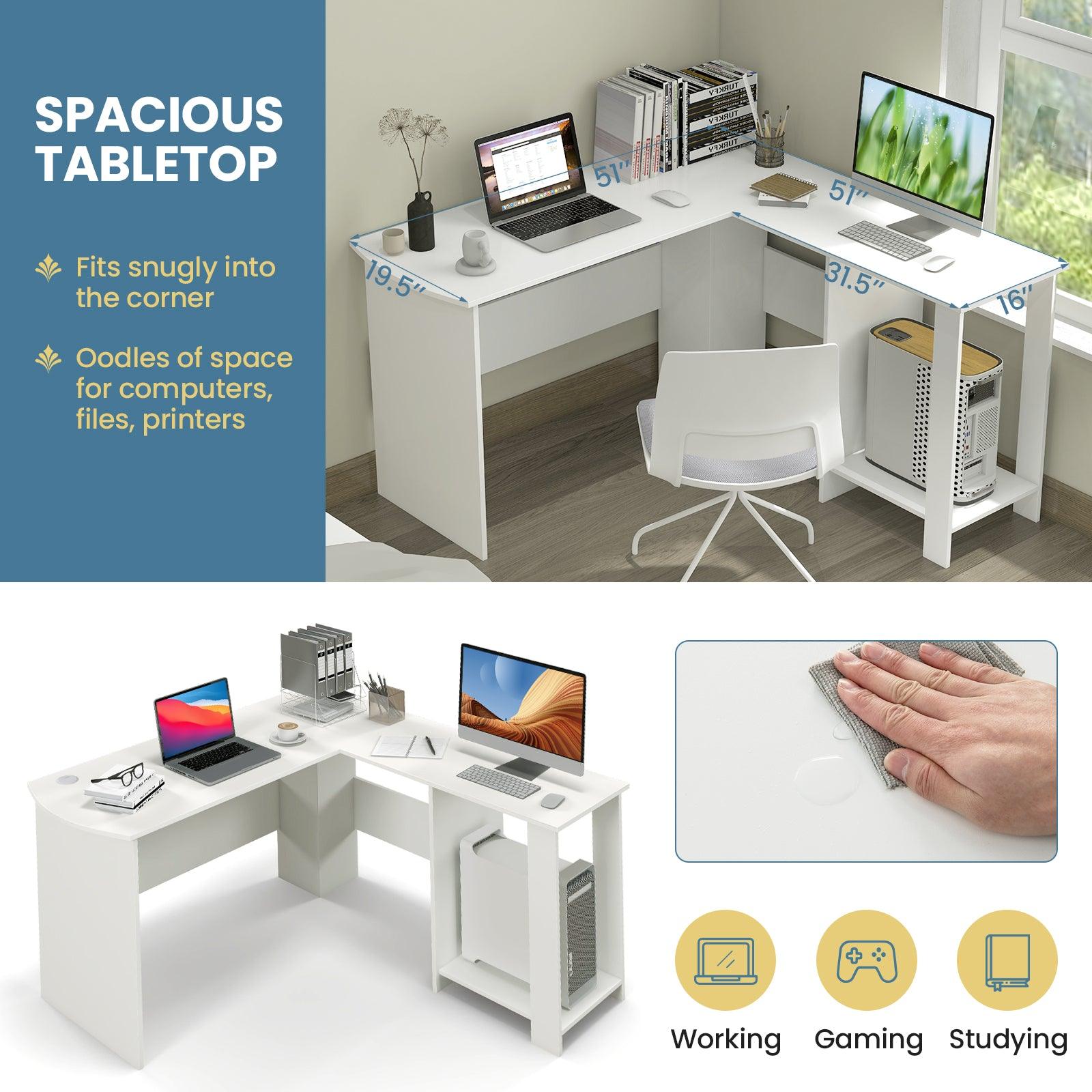 Large Modern L-shaped Computer Desk with 2 Cable Holes and 2 Storage Shelves-White at Set Shop and Smile