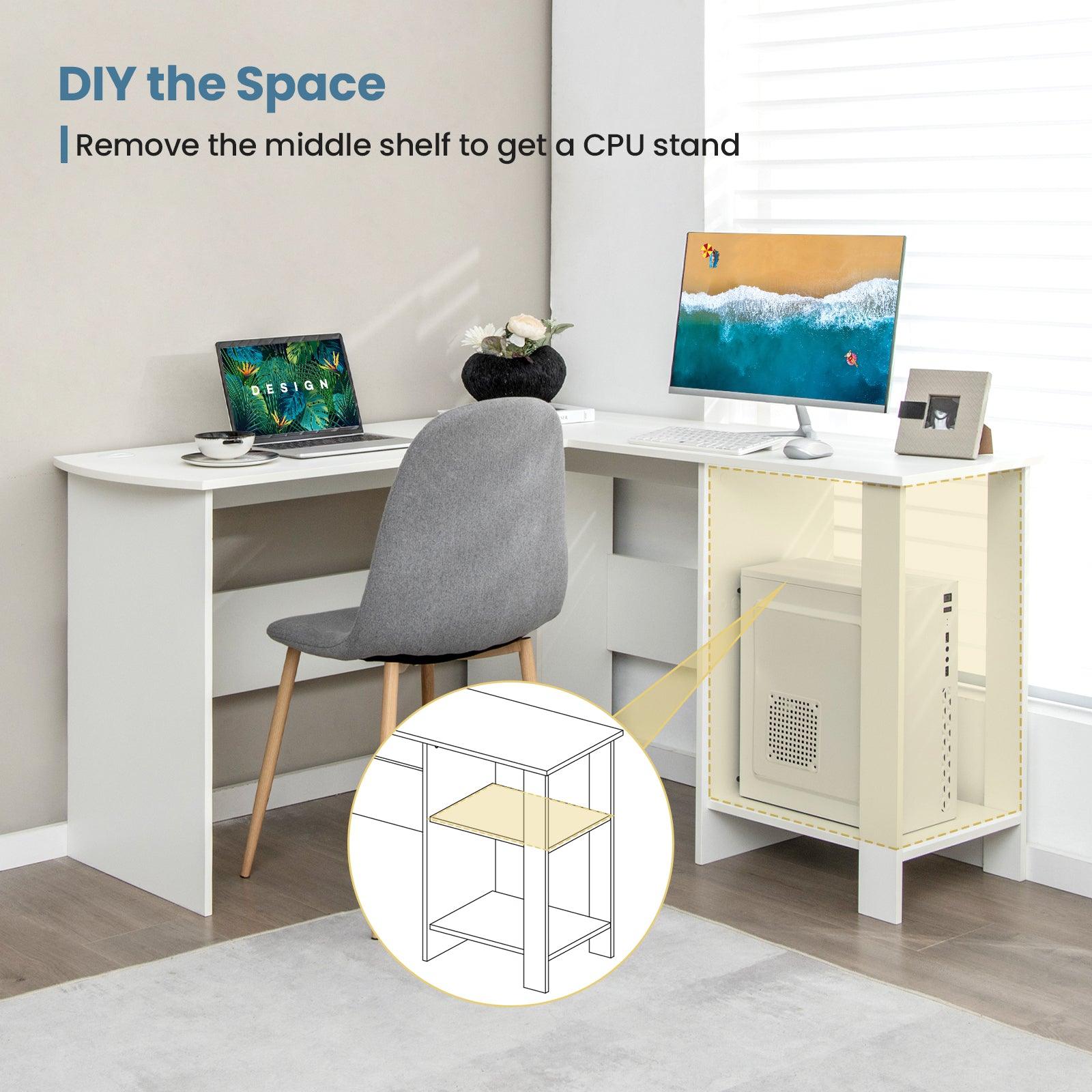 Large Modern L-shaped Computer Desk with 2 Cable Holes and 2 Storage Shelves-White at Set Shop and Smile