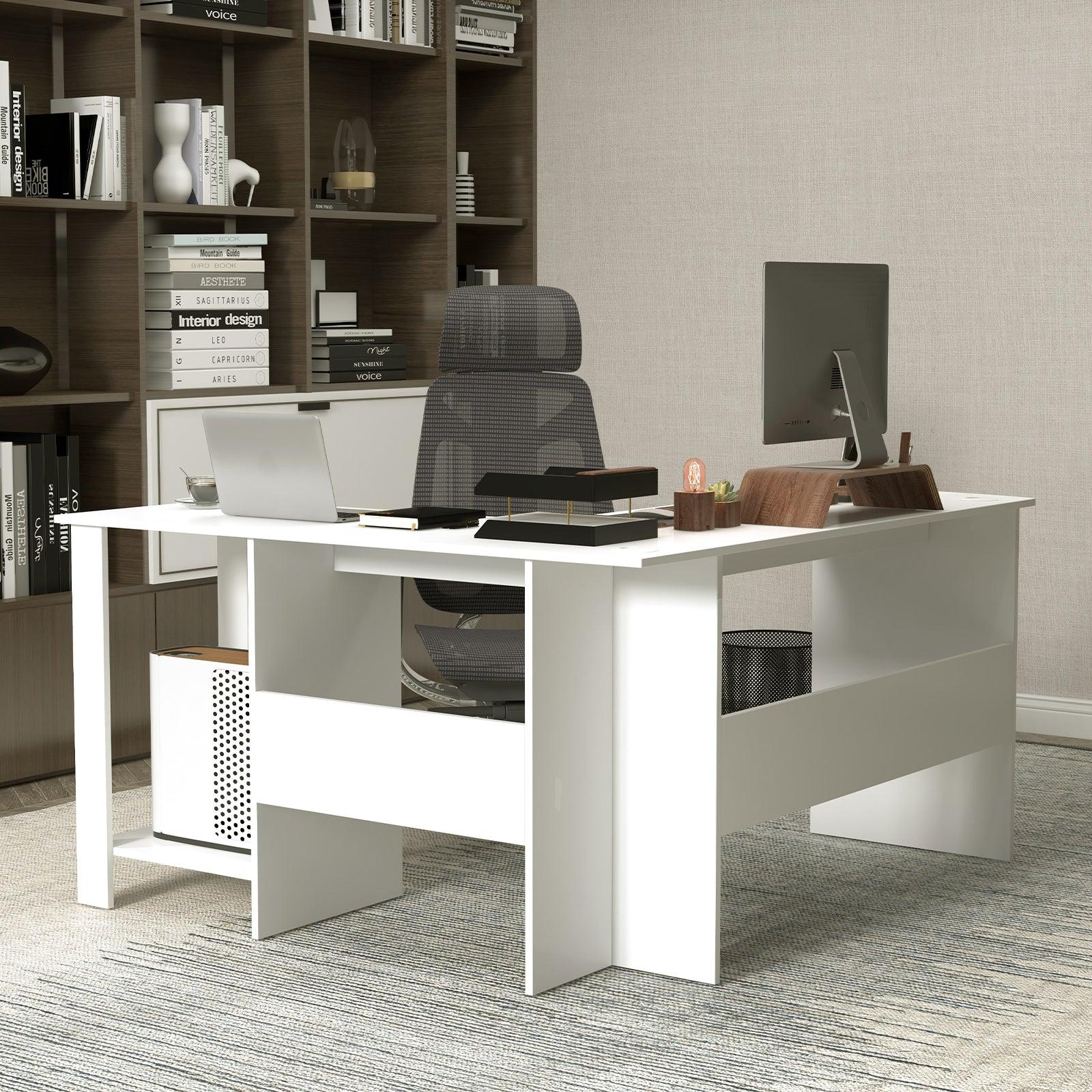 Large Modern L-shaped Computer Desk with 2 Cable Holes and 2 Storage Shelves-White at Set Shop and Smile