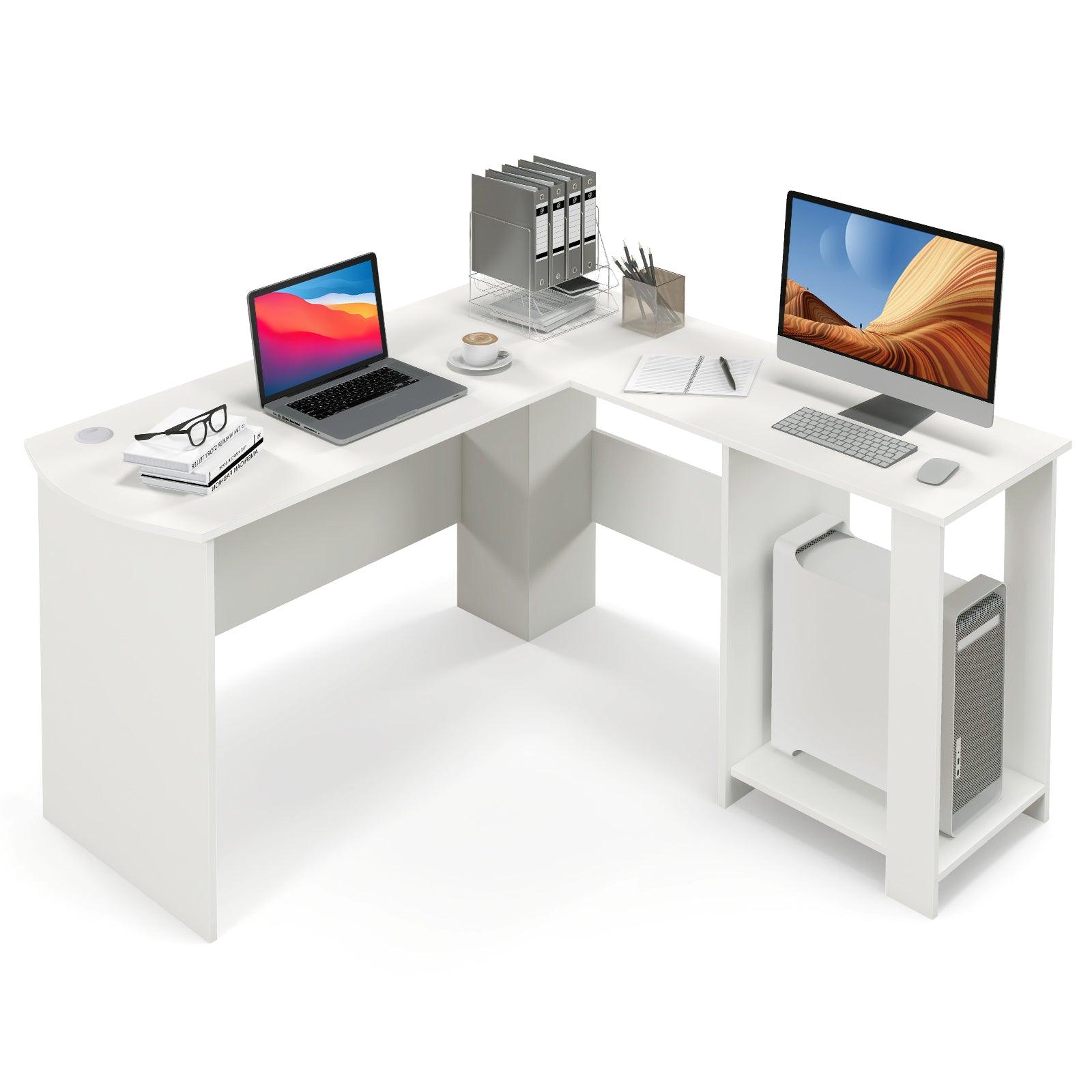 Large Modern L-shaped Computer Desk with 2 Cable Holes and 2 Storage Shelves-White at Set Shop and Smile