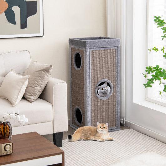 39" Tall Cat Condo with Scratching Posts and 3 Hideaways and 4 Soft Plush Cushions-Gray at Set Shop and Smile