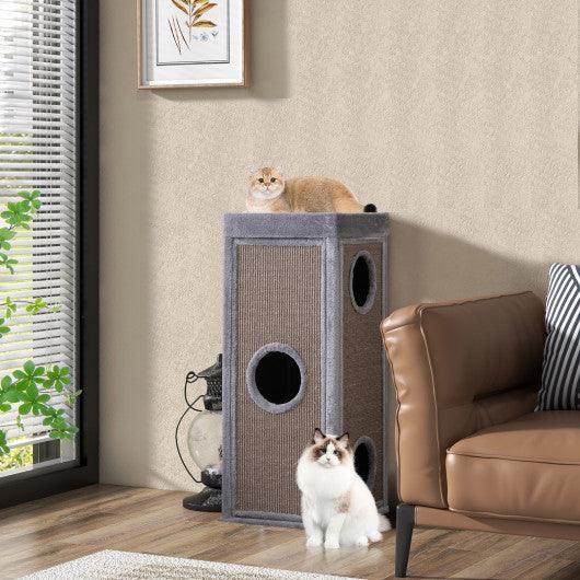 39" Tall Cat Condo with Scratching Posts and 3 Hideaways and 4 Soft Plush Cushions-Gray at Set Shop and Smile