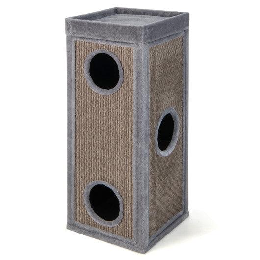 39" Tall Cat Condo with Scratching Posts and 3 Hideaways and 4 Soft Plush Cushions-Gray at Set Shop and Smile