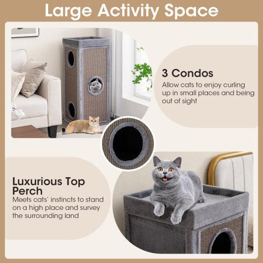 39" Tall Cat Condo with Scratching Posts and 3 Hideaways and 4 Soft Plush Cushions-Gray at Set Shop and Smile