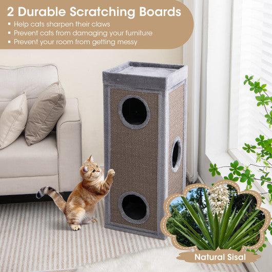 39" Tall Cat Condo with Scratching Posts and 3 Hideaways and 4 Soft Plush Cushions-Gray at Set Shop and Smile