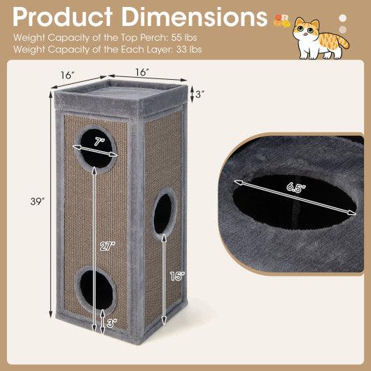 39" Tall Cat Condo with Scratching Posts and 3 Hideaways and 4 Soft Plush Cushions-Gray at Set Shop and Smile