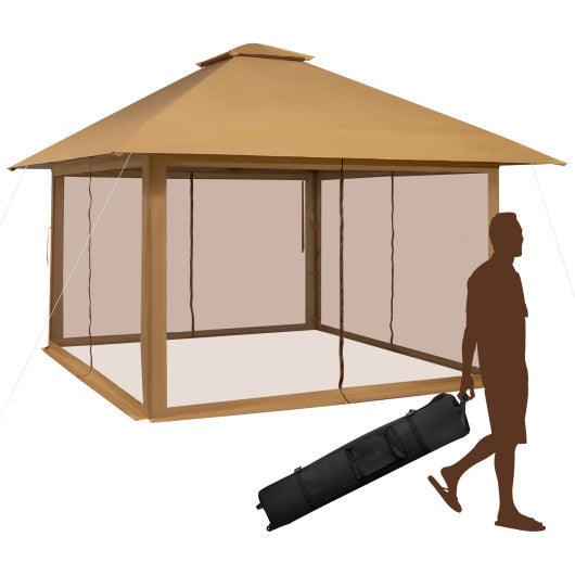 13 x 13 Feet Pop-up Instant Canopy Tent with Mesh Sidewall-Coffee at Set Shop and Smile
