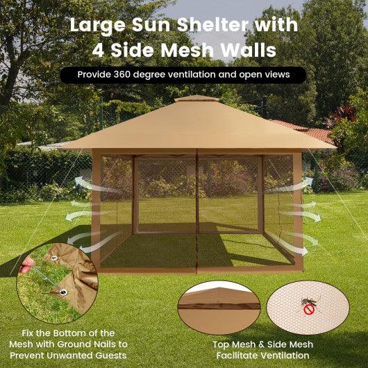 13 x 13 Feet Pop-up Instant Canopy Tent with Mesh Sidewall-Coffee at Set Shop and Smile