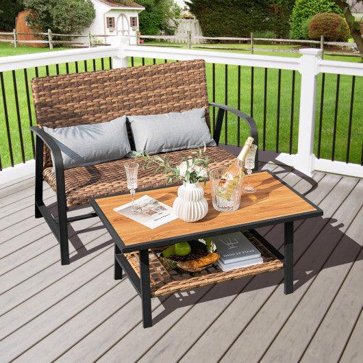 2 Pieces Patio Rattan Coffee Table Set with Shelf at Set Shop and Smile