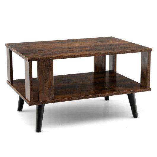 Compact Retro Mid-Century Coffee Table with Storage Open Shelf-Rustic Brown at Set Shop and Smile