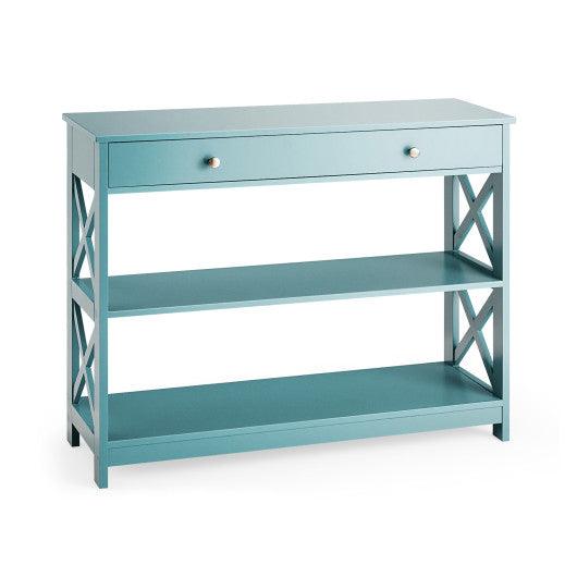 Console Table 3-Tier with Drawer and Storage Shelves-Turquoise at Set Shop and Smile