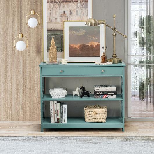 Console Table 3-Tier with Drawer and Storage Shelves-Turquoise at Set Shop and Smile