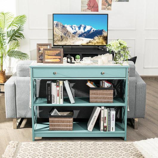 Console Table 3-Tier with Drawer and Storage Shelves-Turquoise at Set Shop and Smile