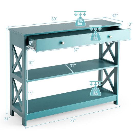 Console Table 3-Tier with Drawer and Storage Shelves-Turquoise at Set Shop and Smile