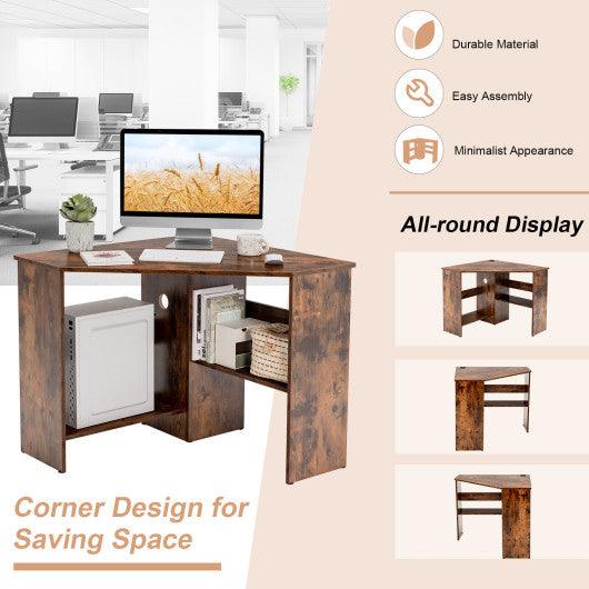 Corner Computer Desk Triangle Writing Workstation with Storage Shelf-Rustic Brown at Set Shop and Smile