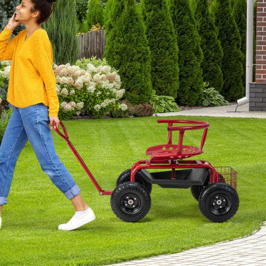 Cushioned Rolling Garden Cart Scooter with Storage Basket and Tool Pouch-Black & Red at Set Shop and Smile