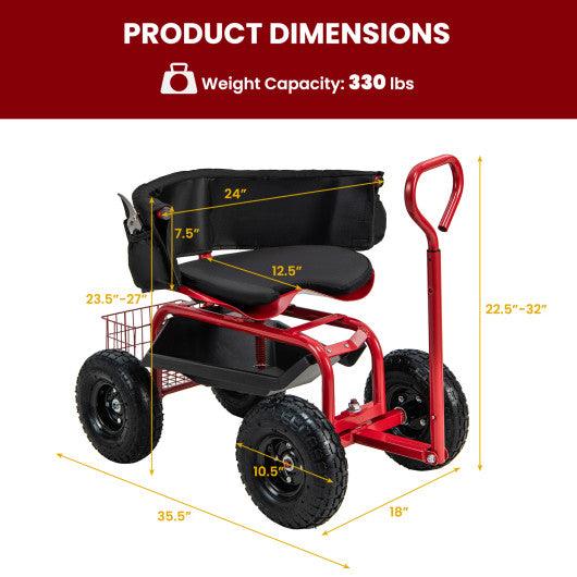 Cushioned Rolling Garden Cart Scooter with Storage Basket and Tool Pouch-Black & Red at Set Shop and Smile
