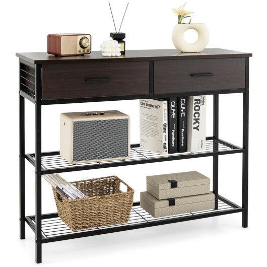 39.5 Inch Entryway Table with 2 Drawers and 2-Tier Shelves-Dark Brown at Set Shop and Smile