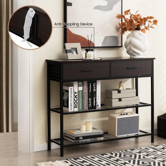 39.5 Inch Entryway Table with 2 Drawers and 2-Tier Shelves-Dark Brown at Set Shop and Smile