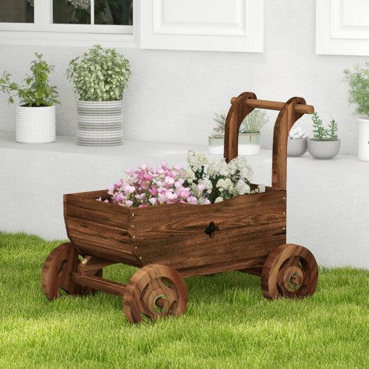 Decorative Wooden Wagon Cart with Handle Wheels and Drainage Hole-Rustic Brown at Set Shop and Smile
