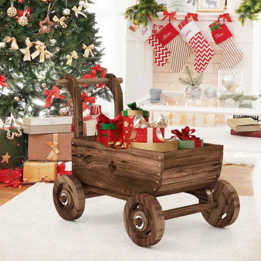 Decorative Wooden Wagon Cart with Handle Wheels and Drainage Hole-Rustic Brown at Set Shop and Smile
