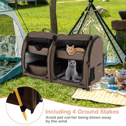 Double Compartment Pet Carrier with 2 Removable Hammocks-Brown at Set Shop and Smile