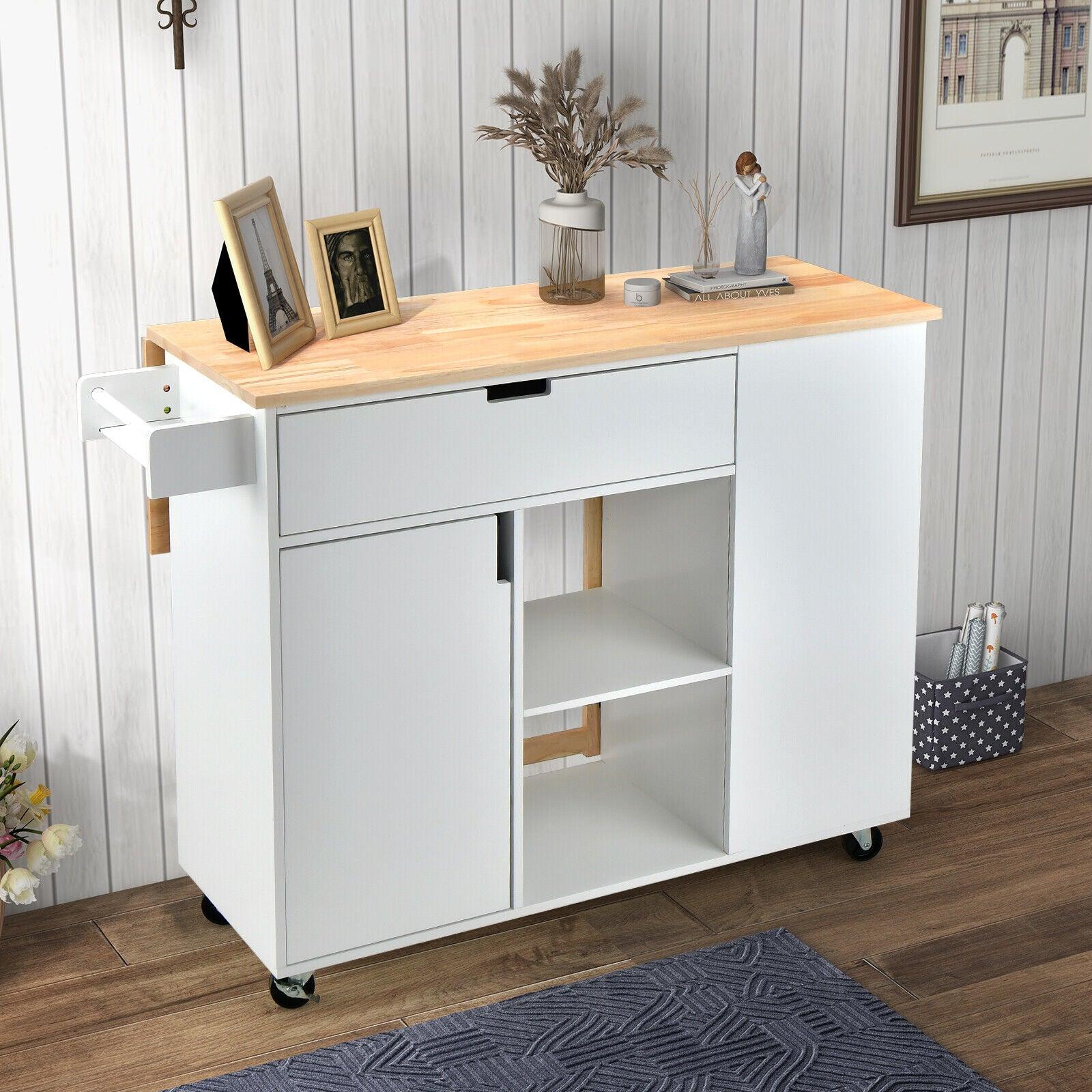 Drop-Leaf Kitchen Island with Rubber Wood Top-White at Set Shop and Smile