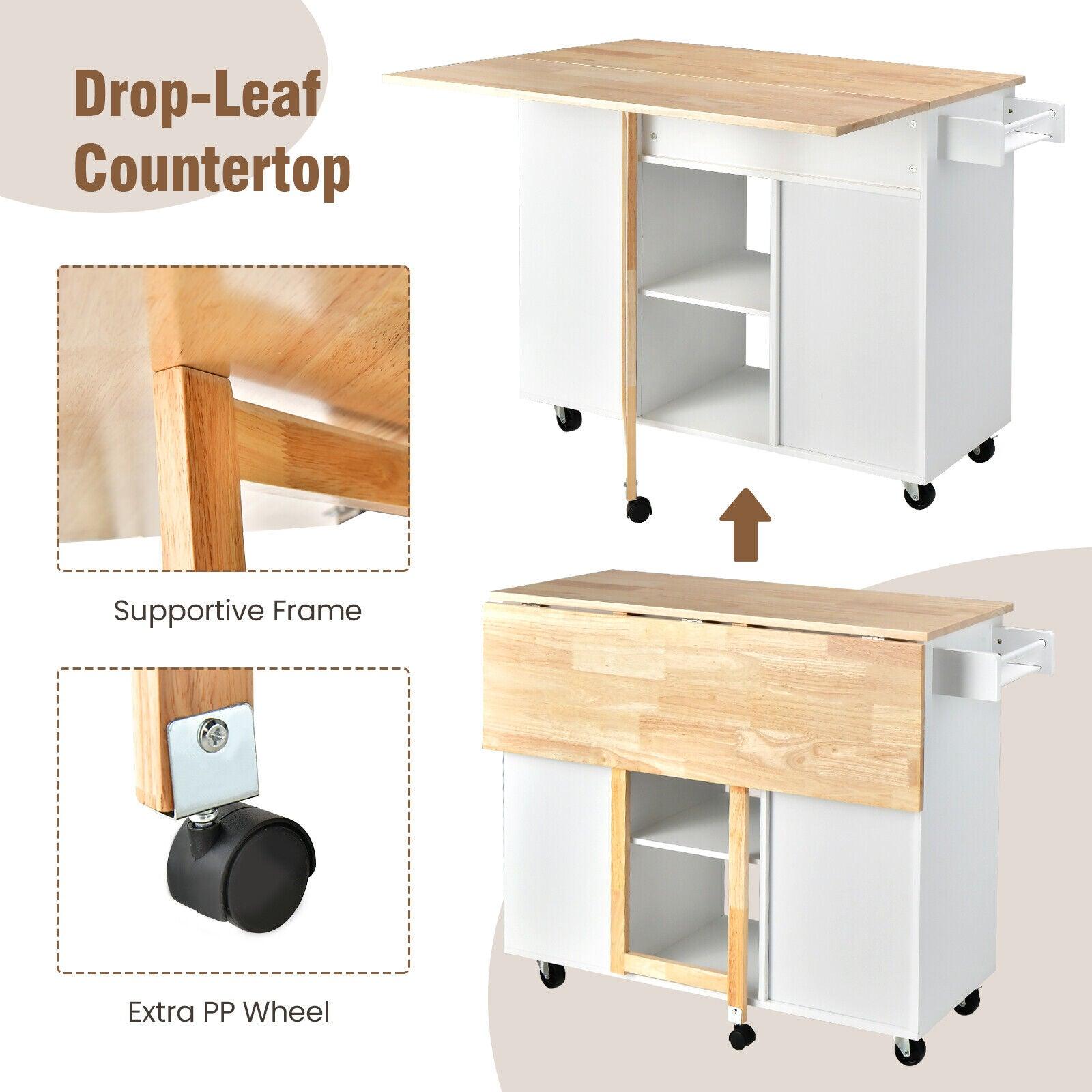 Drop-Leaf Kitchen Island with Rubber Wood Top-White at Set Shop and Smile