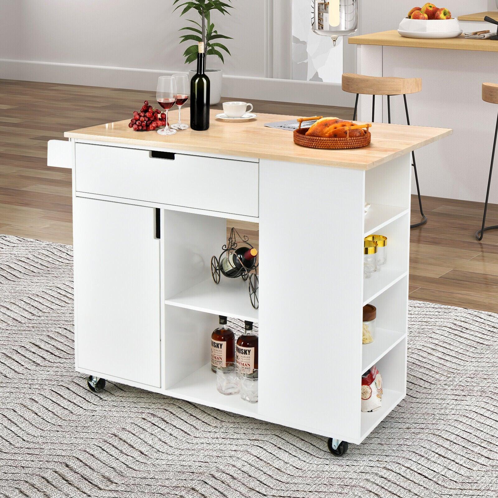Drop-Leaf Kitchen Island with Rubber Wood Top-White at Set Shop and Smile