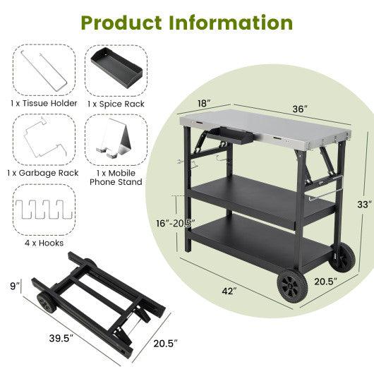 3 Tiers Foldable Outdoor Cart on 2 Wheels with Phone Holder-Black at Set Shop and Smile