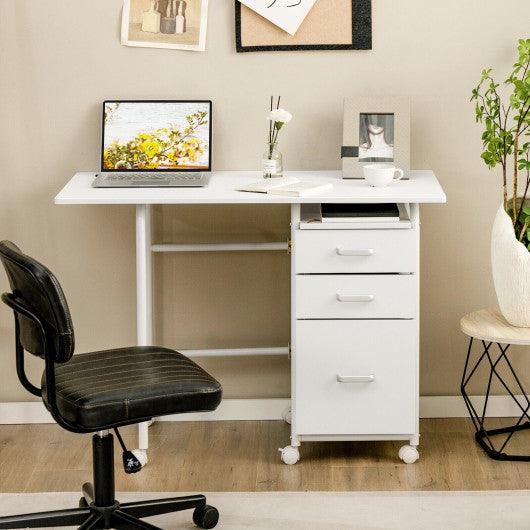 Home Office Folding Computer Laptop Desk Wheeled with 3 Drawers-White at Set Shop and Smile