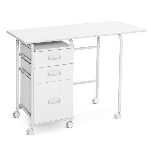 Home Office Folding Computer Laptop Desk Wheeled with 3 Drawers-White at Set Shop and Smile
