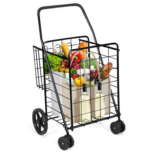 Folding Shopping Cart for Laundry with Swiveling Wheels and Dual Storage Baskets-Black at Set Shop and Smile