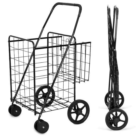 Folding Shopping Cart for Laundry with Swiveling Wheels and Dual Storage Baskets-Black at Set Shop and Smile
