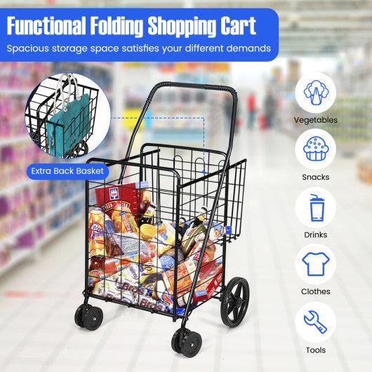 Folding Shopping Cart for Laundry with Swiveling Wheels and Dual Storage Baskets-Black at Set Shop and Smile