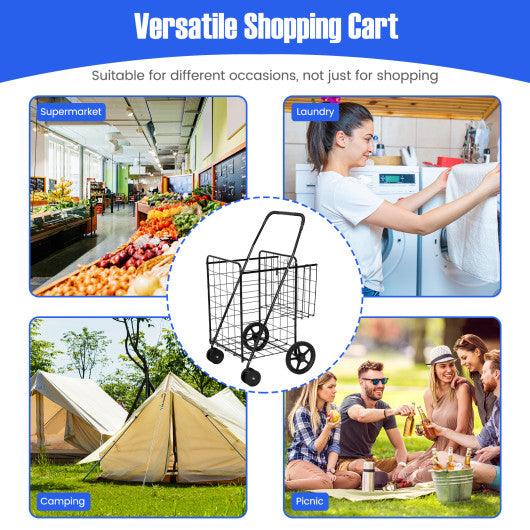 Folding Shopping Cart for Laundry with Swiveling Wheels and Dual Storage Baskets-Black at Set Shop and Smile