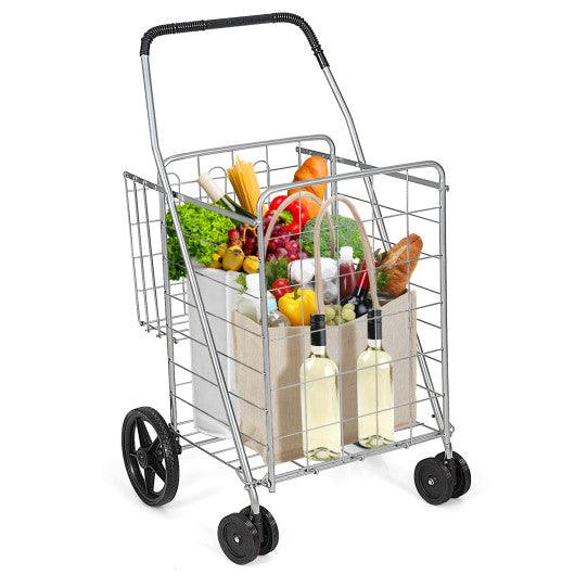 Folding Shopping Cart for Laundry with Swiveling Wheels and Dual Storage Baskets-Sliver at Set Shop and Smile