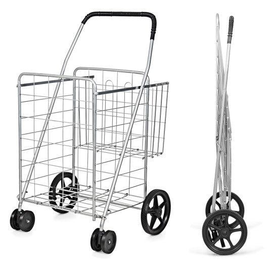 Folding Shopping Cart for Laundry with Swiveling Wheels and Dual Storage Baskets-Sliver at Set Shop and Smile
