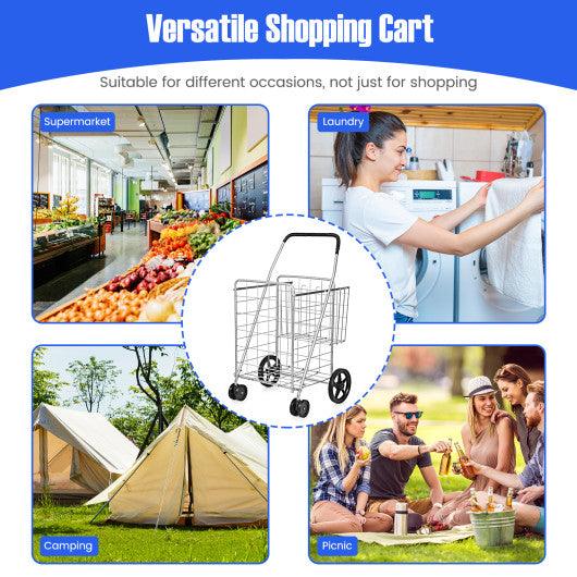 Folding Shopping Cart for Laundry with Swiveling Wheels and Dual Storage Baskets-Sliver at Set Shop and Smile
