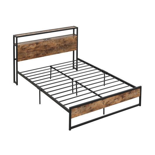 Full/Queen Bed Frame with 2-Tier Storage Headboard and Charging Station-Full Size at Set Shop and Smile