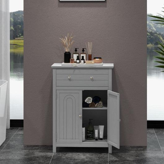 Wooden Bathroom Floor Cabinet with Drawer and Adjustable Shelf-Gray at Set Shop and Smile