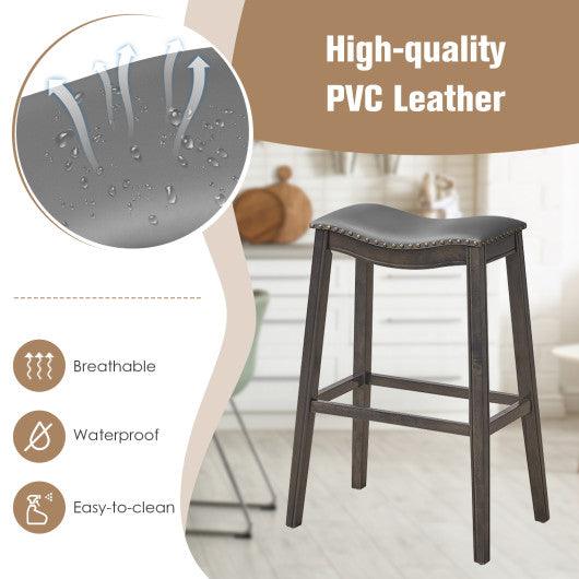 29 Inch Set of 2 Backless Wood Nailhead Barstools with PVC Leather Seat-Gray at Set Shop and Smile