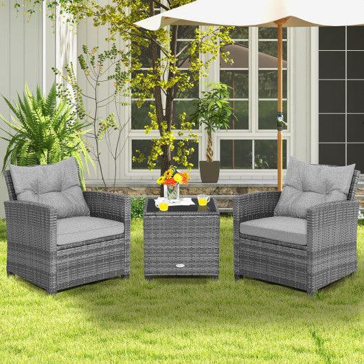 3 Pieces Outdoor Wicker Conversation Set with Tempered Glass Tabletop-Gray at Set Shop and Smile