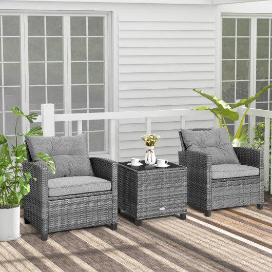 3 Pieces Outdoor Wicker Conversation Set with Tempered Glass Tabletop-Gray at Set Shop and Smile